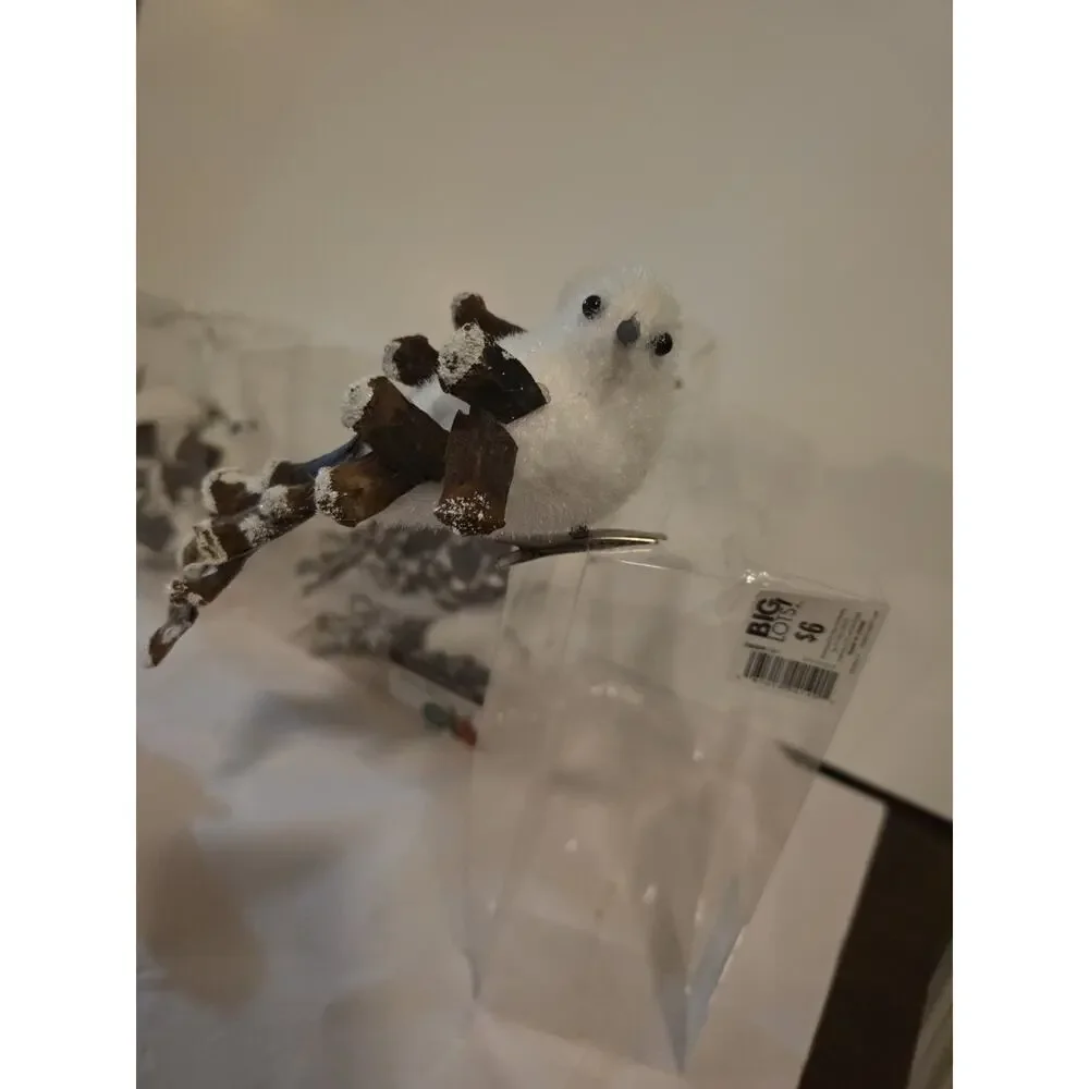 9 White Bird Christmas Ornaments Winter Wonder Rustic Cottage Tree Bark Snow
